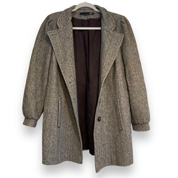 Vintage 80s Single Breast Black White Herringbone Wool Nylon Leg Of Mutton Coat - Picture 1 of 16